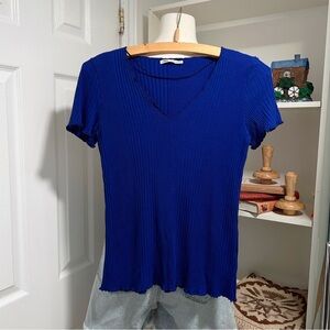 ZARA Cobalt Blue Ribbed V-Neck Knit Tee